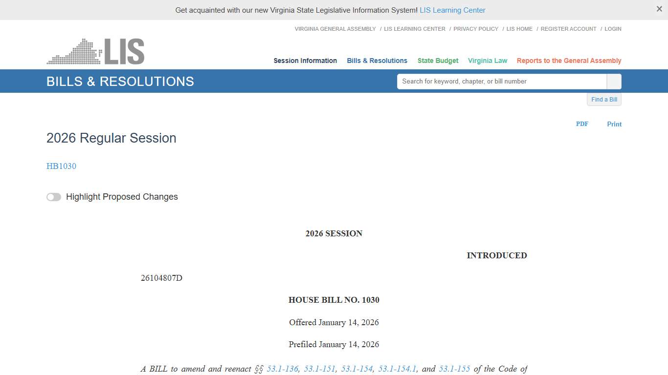 HB1030 - 2026 Regular Session LIS